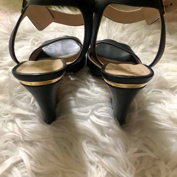 { Chloe } Black Leather Block Heel Sandal w/ Gold - Picture 5 of 7